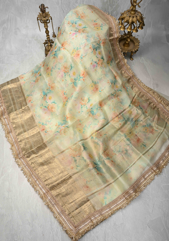 Mist Green Pure Organza Silk Saree with Floral Digital Print and Lace Trim Border| SILK MARK CERTIFIED