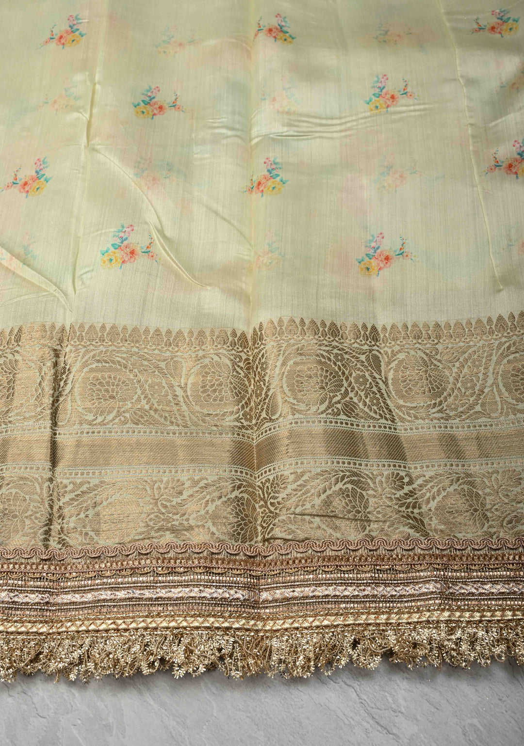 Mist Green Pure Organza Silk Saree with Floral Digital Print and Lace Trim Border| SILK MARK CERTIFIED