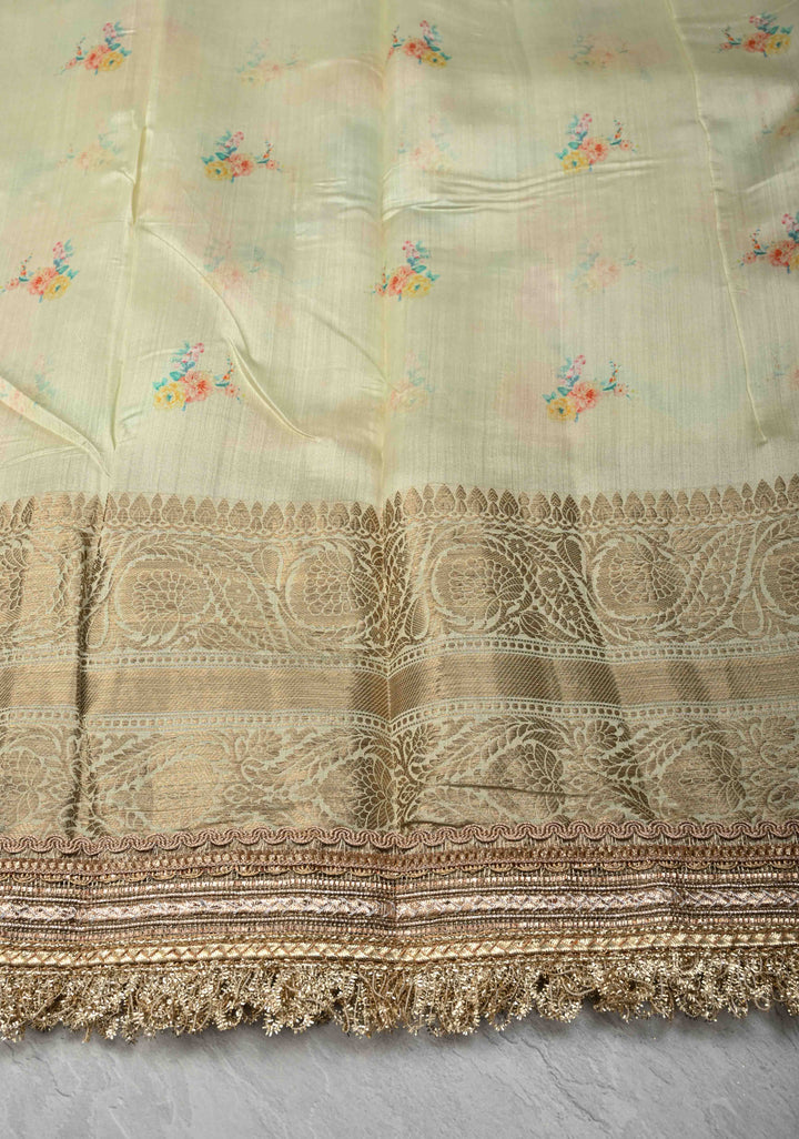 Mist Green Pure Organza Silk Saree with Floral Digital Print and Lace Trim Border| SILK MARK CERTIFIED