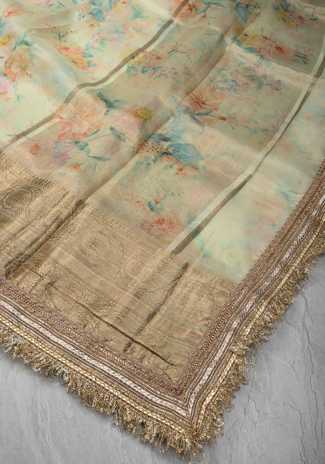 Mist Green Pure Organza Silk Saree with Floral Digital Print and Lace Trim Border| SILK MARK CERTIFIED