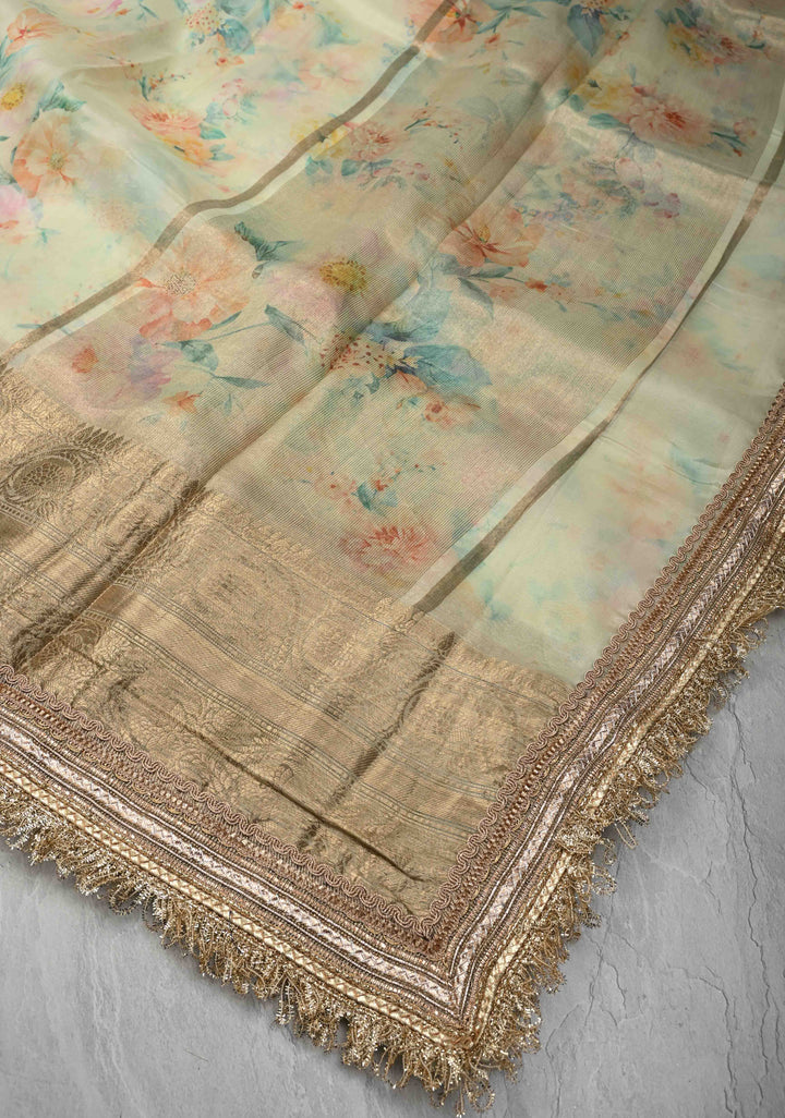 Mist Green Pure Organza Silk Saree with Floral Digital Print and Lace Trim Border| SILK MARK CERTIFIED