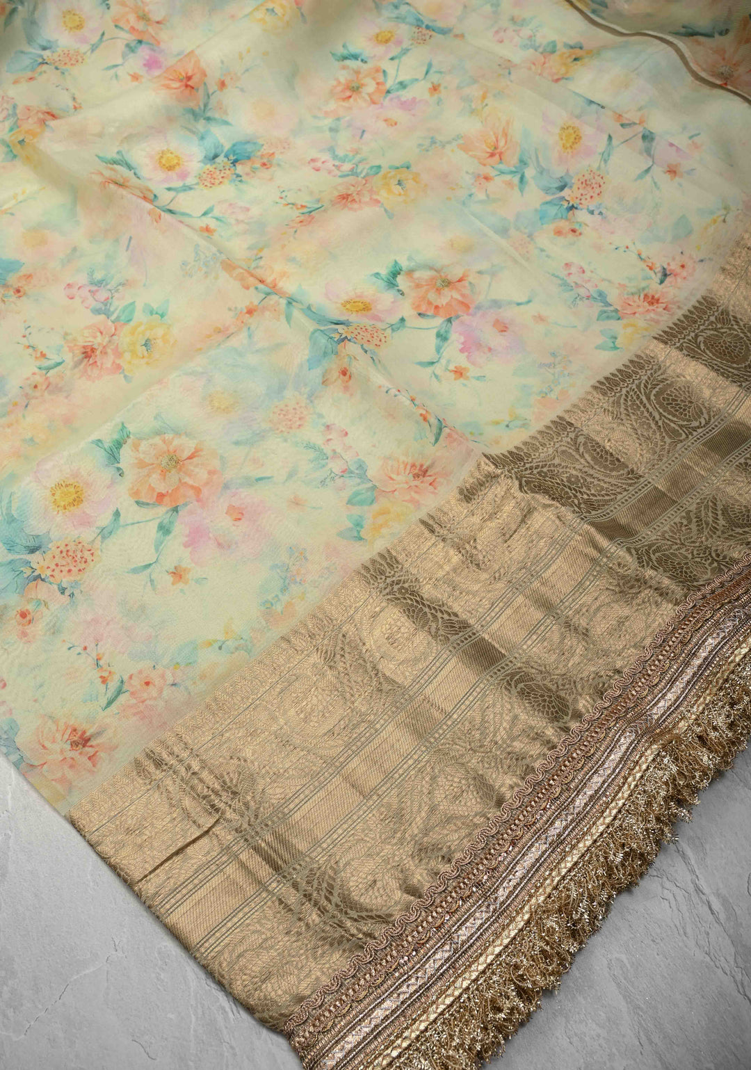 Mist Green Pure Organza Silk Saree with Floral Digital Print and Lace Trim Border| SILK MARK CERTIFIED