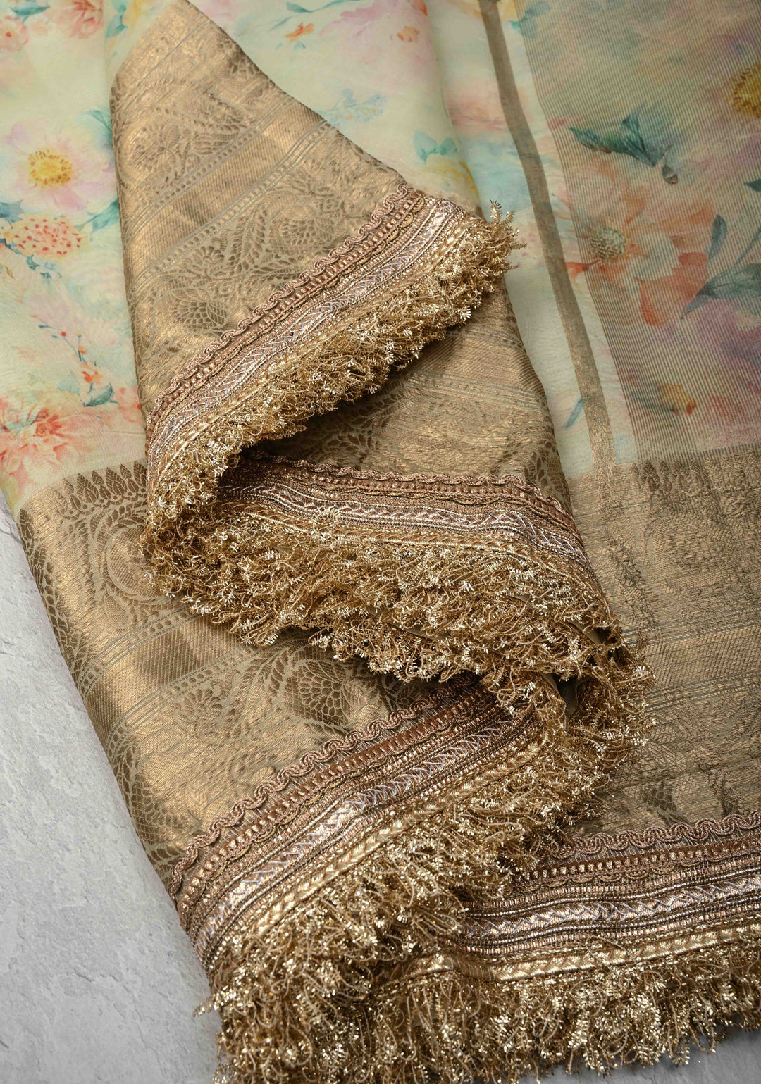 Mist Green Pure Organza Silk Saree with Floral Digital Print and Lace Trim Border| SILK MARK CERTIFIED