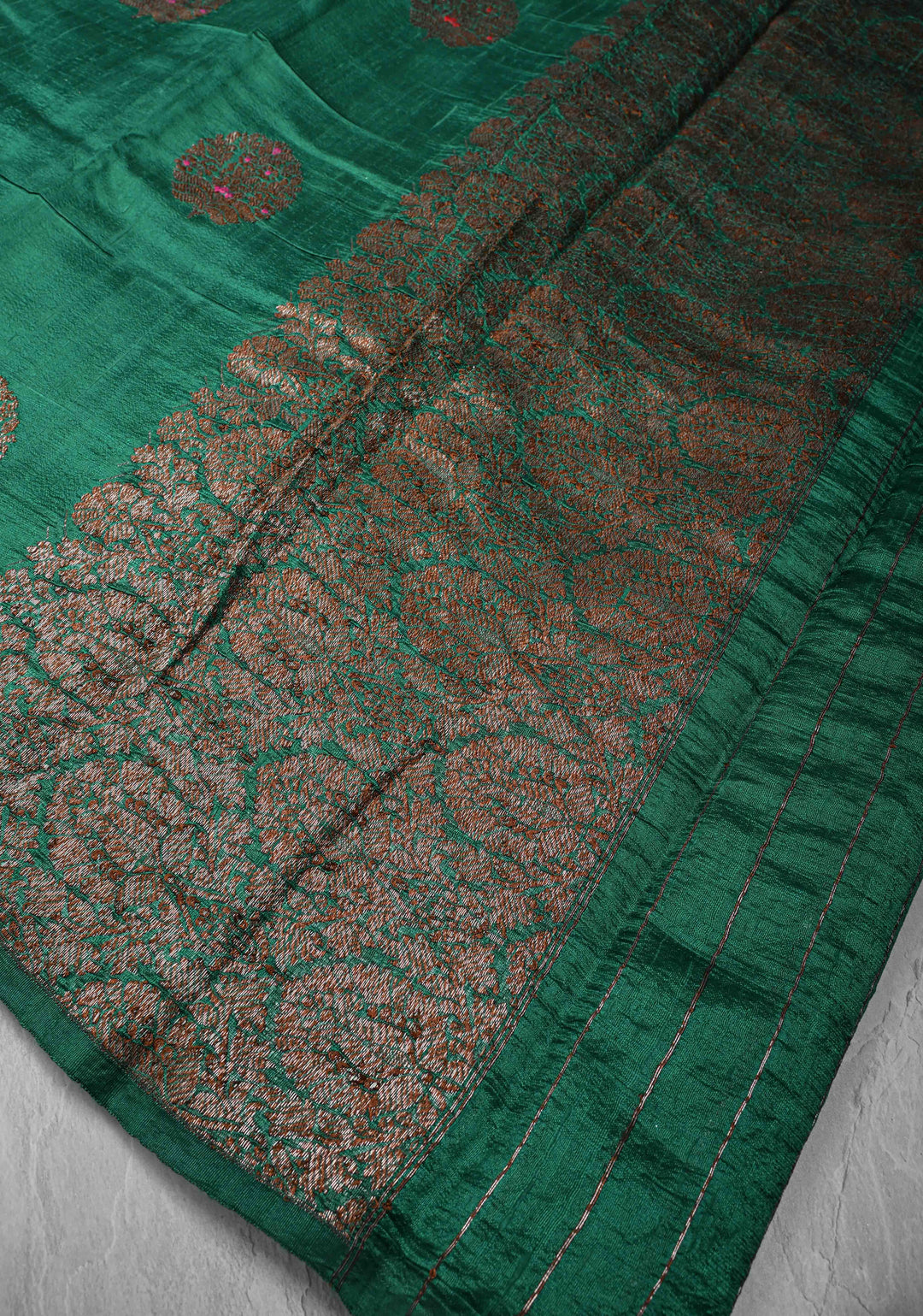 Teal Green Borderless Banarasi Raw Silk Saree with Meenakari Damask motifs | SILK MARK CERTIFIED