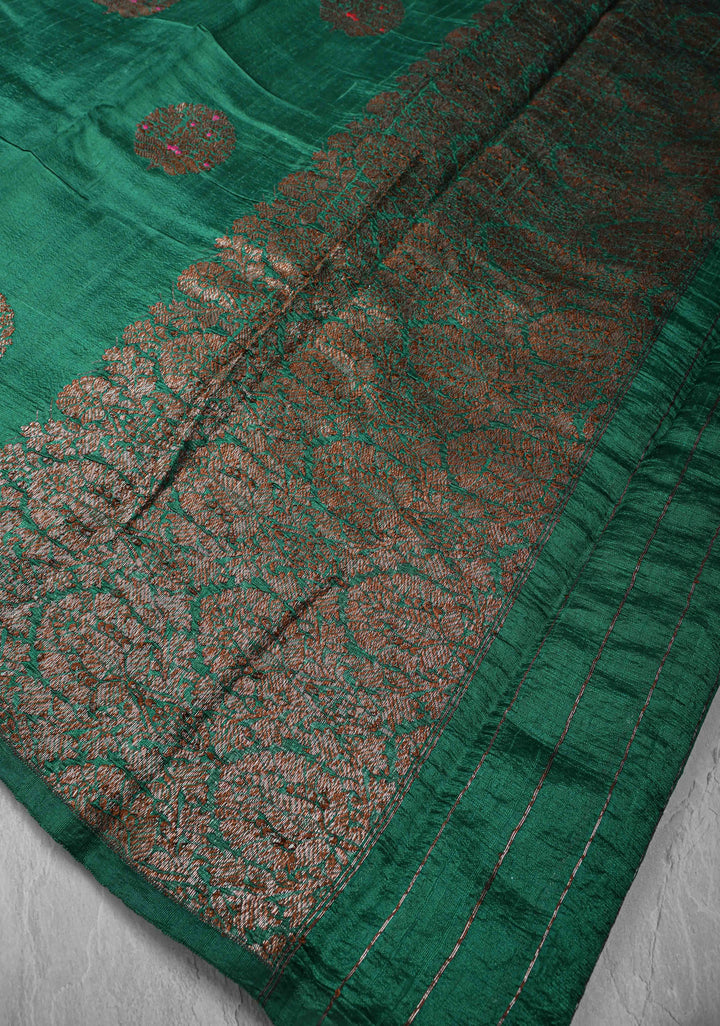 Teal Green Borderless Banarasi Raw Silk Saree with Meenakari Damask motifs | SILK MARK CERTIFIED