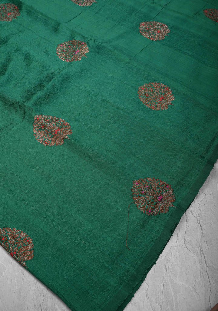 Teal Green Borderless Banarasi Raw Silk Saree with Meenakari Damask motifs | SILK MARK CERTIFIED