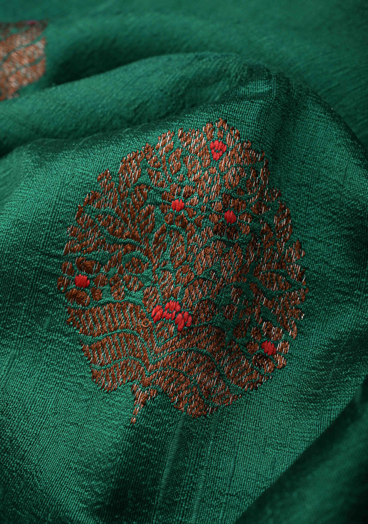 Teal Green Borderless Banarasi Raw Silk Saree with Meenakari Damask motifs | SILK MARK CERTIFIED