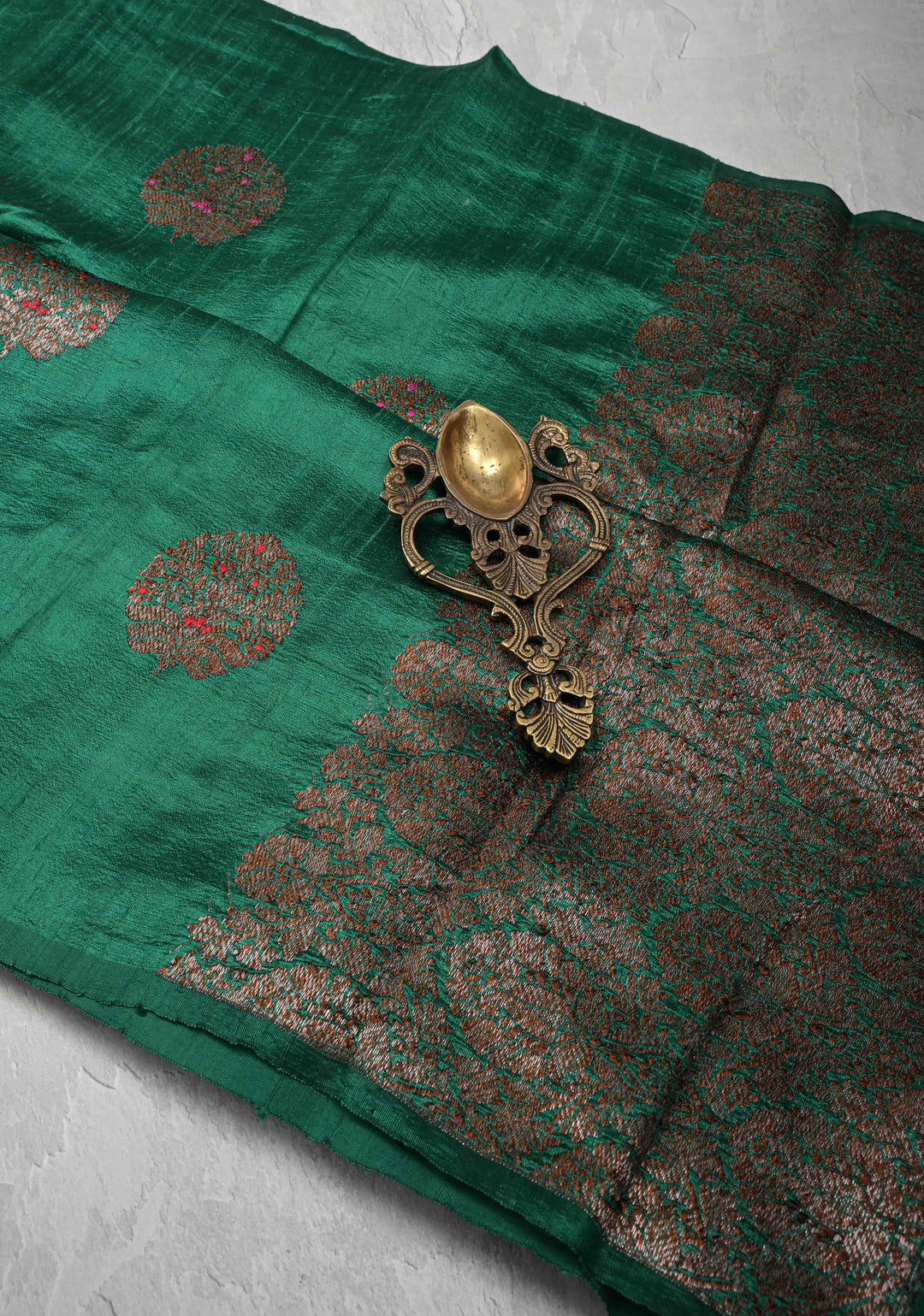 Teal Green Borderless Banarasi Raw Silk Saree with Meenakari Damask motifs | SILK MARK CERTIFIED