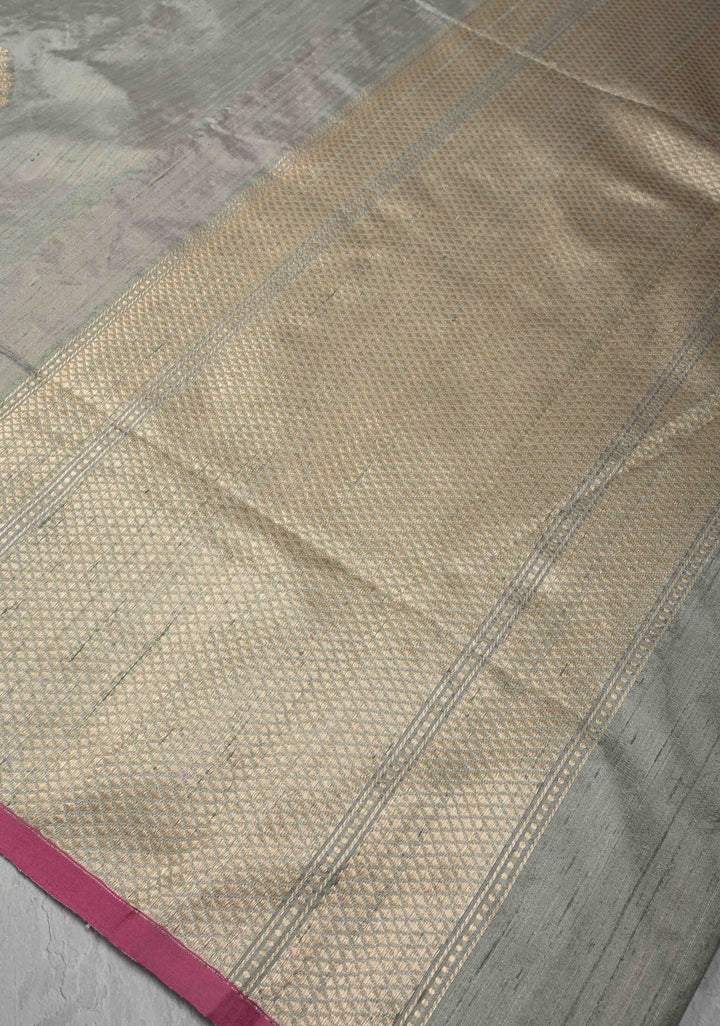 Gray Banarasi Raw Silk Saree with Antique Damask Motifs  | SILK MARK CERTIFIED