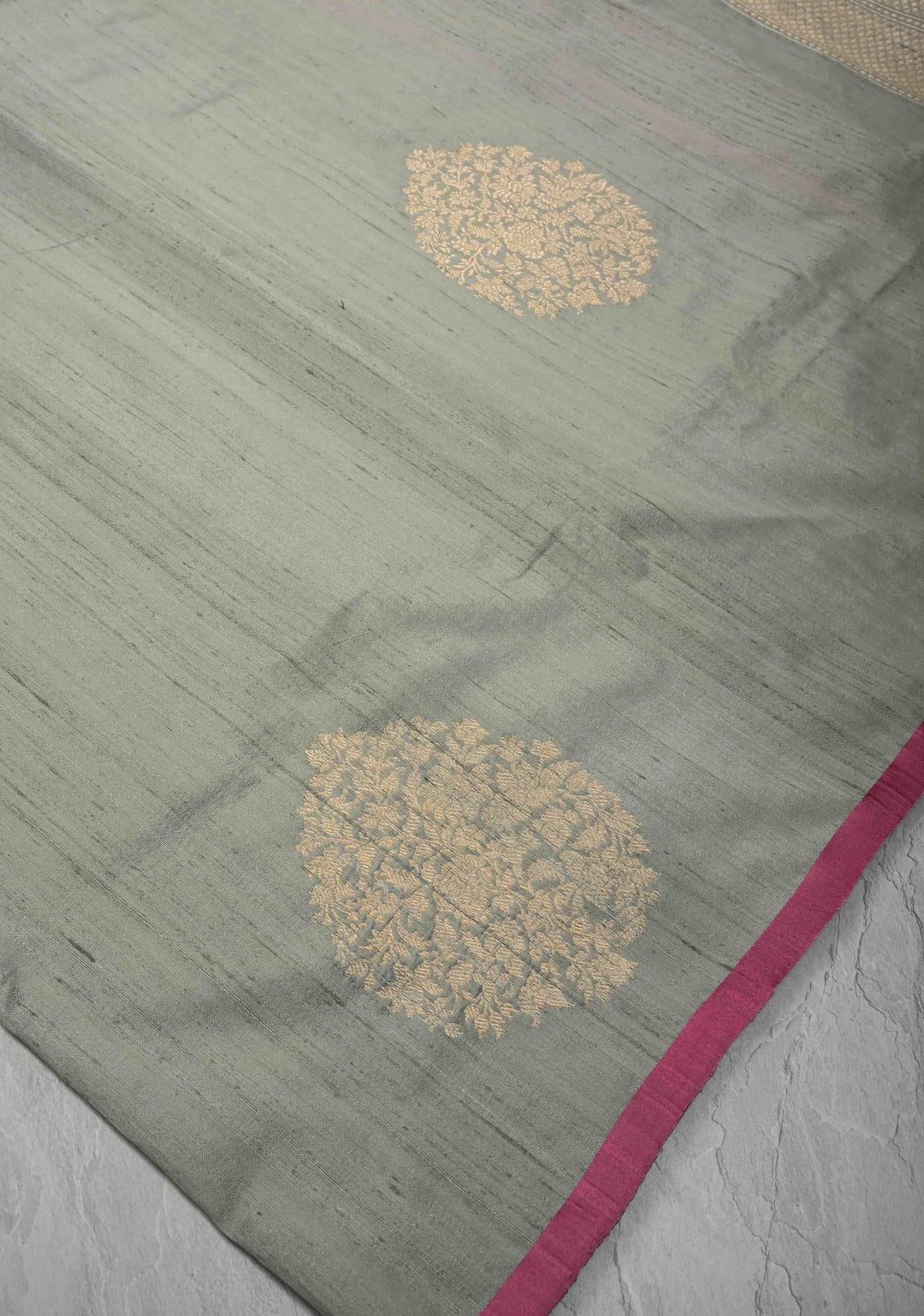 Gray Banarasi Raw Silk Saree with Antique Damask Motifs  | SILK MARK CERTIFIED