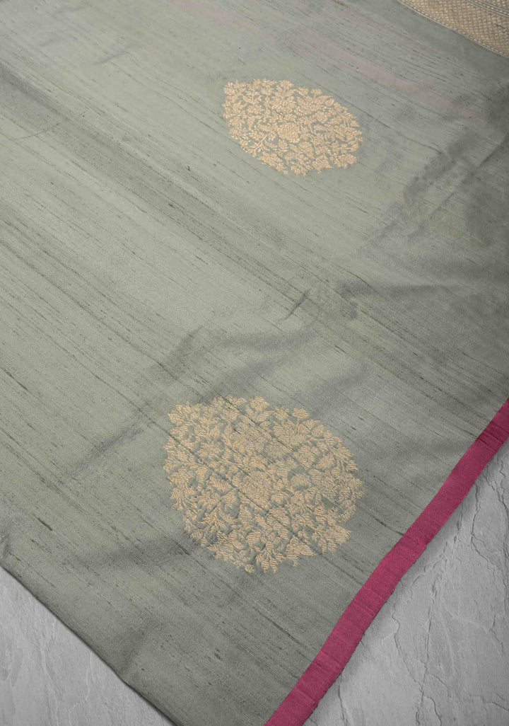 Gray Banarasi Raw Silk Saree with Antique Damask Motifs  | SILK MARK CERTIFIED