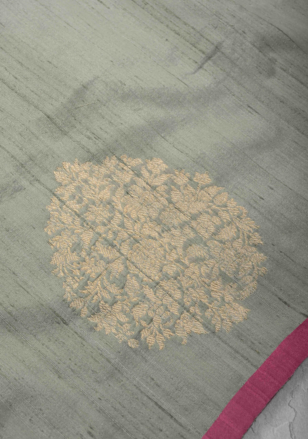 Gray Banarasi Raw Silk Saree with Antique Damask Motifs  | SILK MARK CERTIFIED