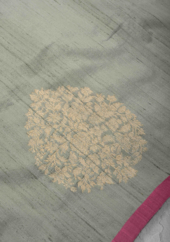 Gray Banarasi Raw Silk Saree with Antique Damask Motifs  | SILK MARK CERTIFIED