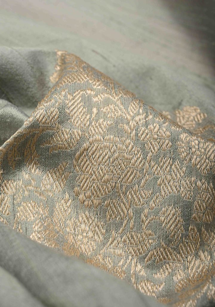 Gray Banarasi Raw Silk Saree with Antique Damask Motifs  | SILK MARK CERTIFIED