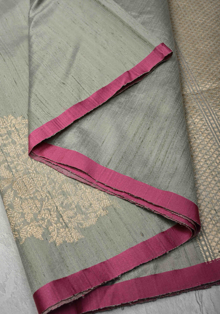 Gray Banarasi Raw Silk Saree with Antique Damask Motifs  | SILK MARK CERTIFIED