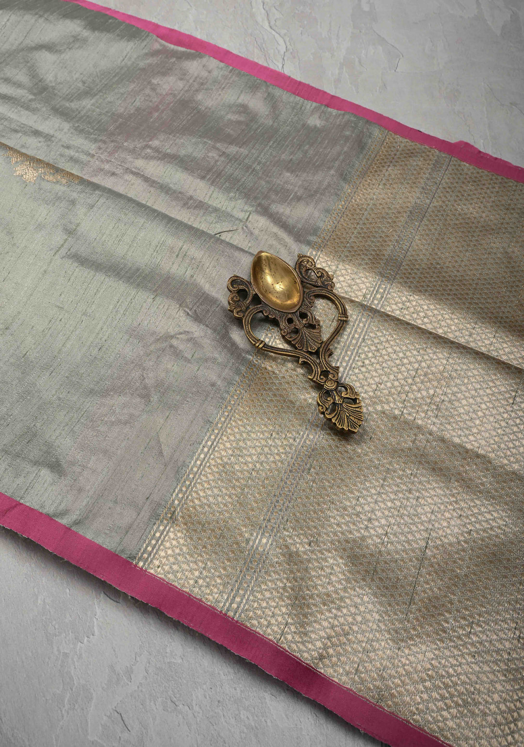 Gray Banarasi Raw Silk Saree with Antique Damask Motifs  | SILK MARK CERTIFIED