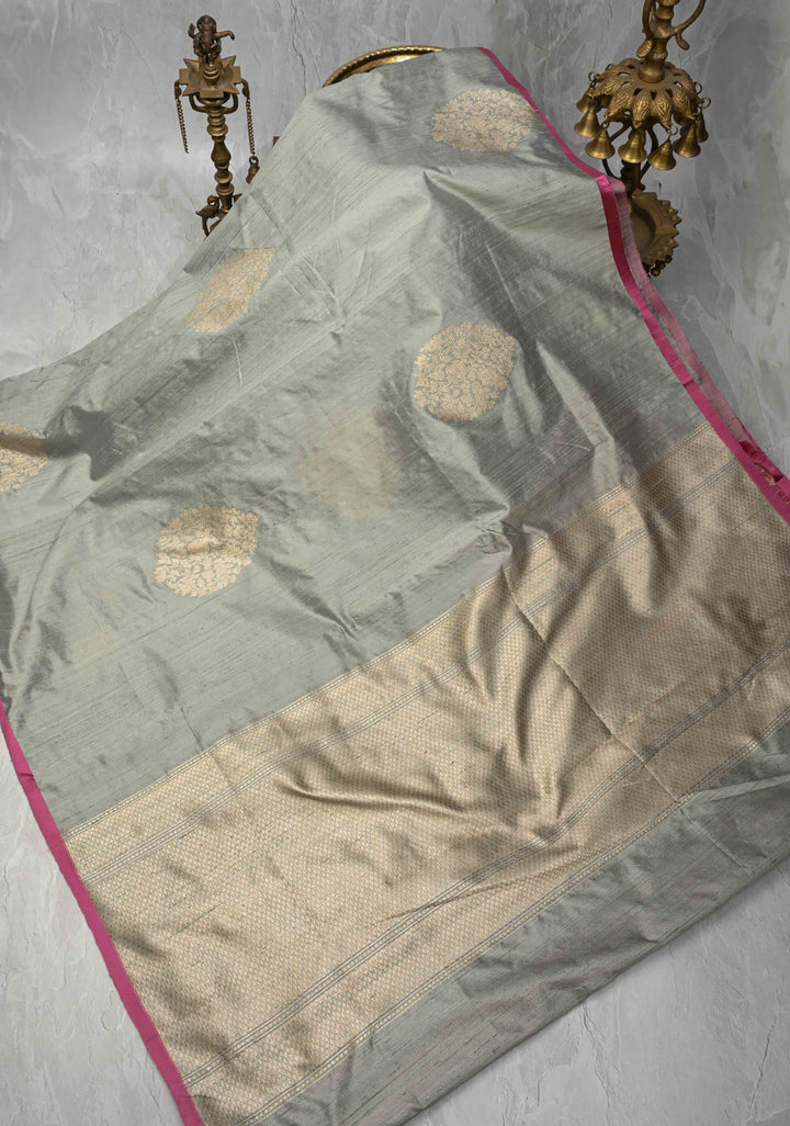 Gray Banarasi Raw Silk Saree with Antique Damask Motifs  | SILK MARK CERTIFIED
