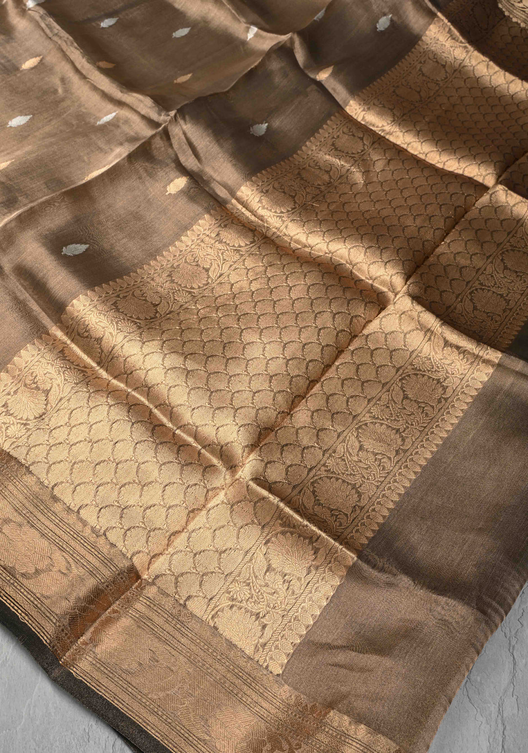 Bronze Pure Banarasi Organza Tissue Silk Saree with Sona Rupa Buttas and Zari Border | SILK MARK CERTIFIED