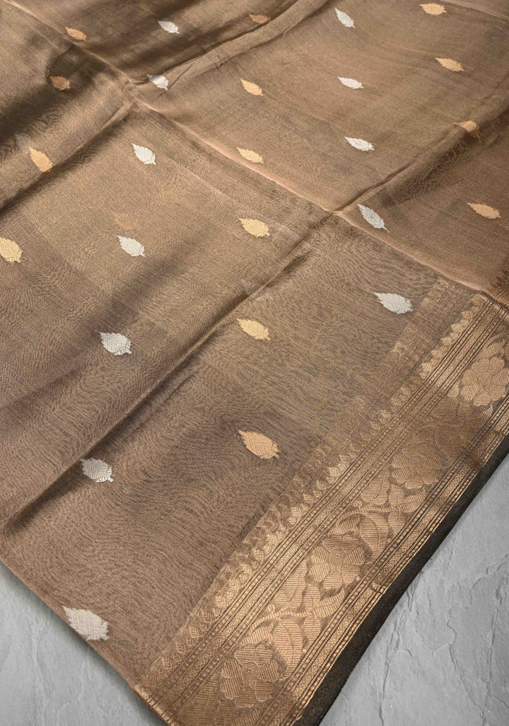 Bronze Pure Banarasi Organza Tissue Silk Saree with Sona Rupa Buttas and Zari Border | SILK MARK CERTIFIED