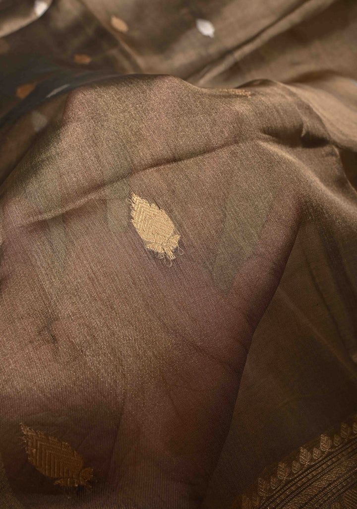 Bronze Pure Banarasi Organza Tissue Silk Saree with Sona Rupa Buttas and Zari Border | SILK MARK CERTIFIED