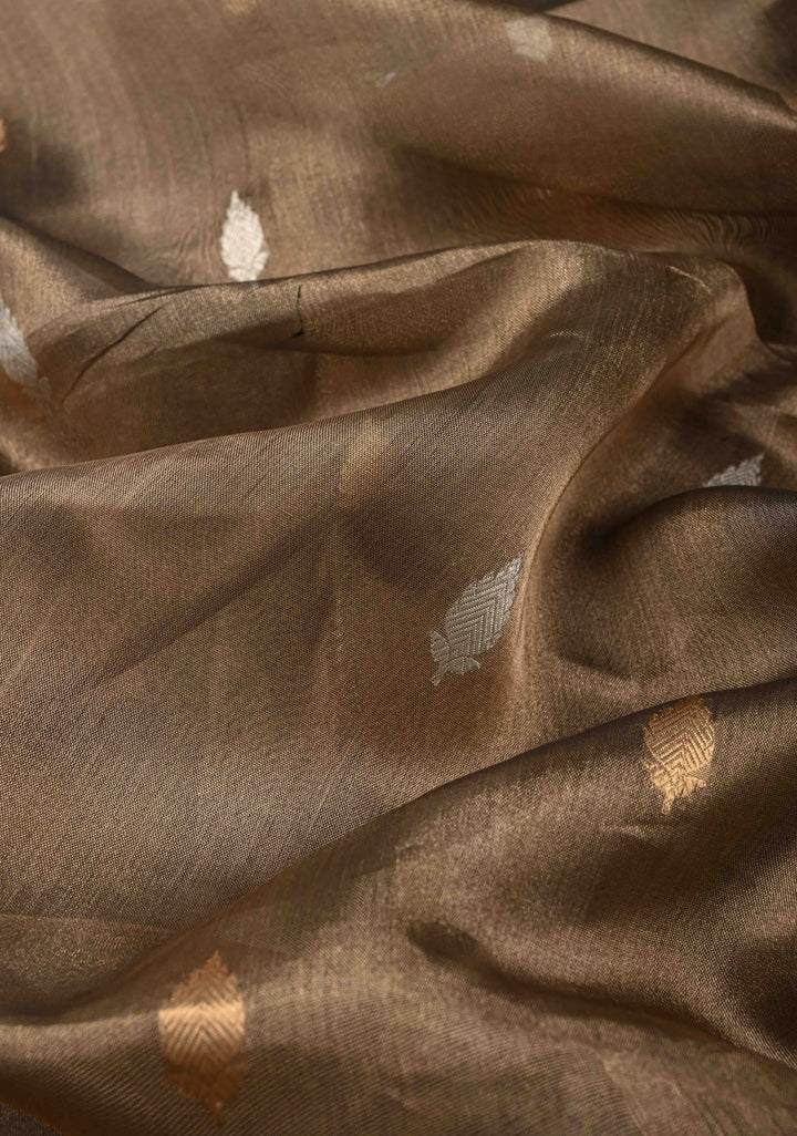 Bronze Pure Banarasi Organza Tissue Silk Saree with Sona Rupa Buttas and Zari Border | SILK MARK CERTIFIED