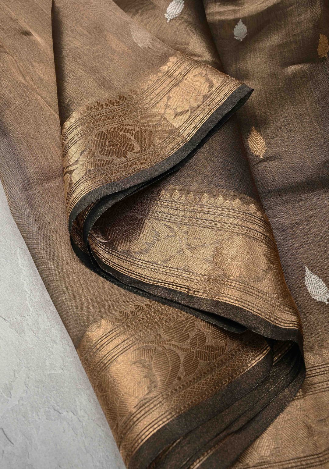 Bronze Pure Banarasi Organza Tissue Silk Saree with Sona Rupa Buttas and Zari Border | SILK MARK CERTIFIED
