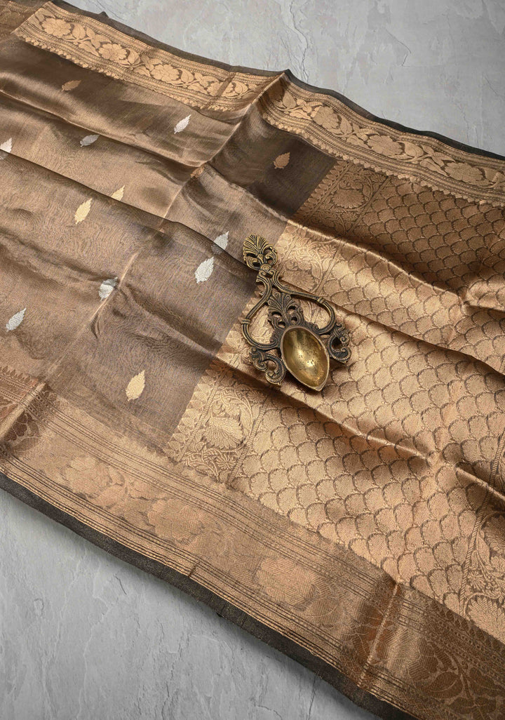 Bronze Pure Banarasi Organza Tissue Silk Saree with Sona Rupa Buttas and Zari Border | SILK MARK CERTIFIED