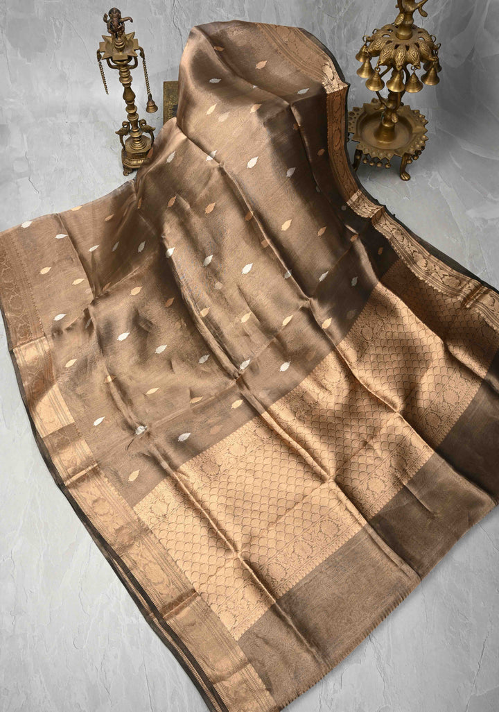 Bronze Pure Banarasi Organza Tissue Silk Saree with Sona Rupa Buttas and Zari Border | SILK MARK CERTIFIED