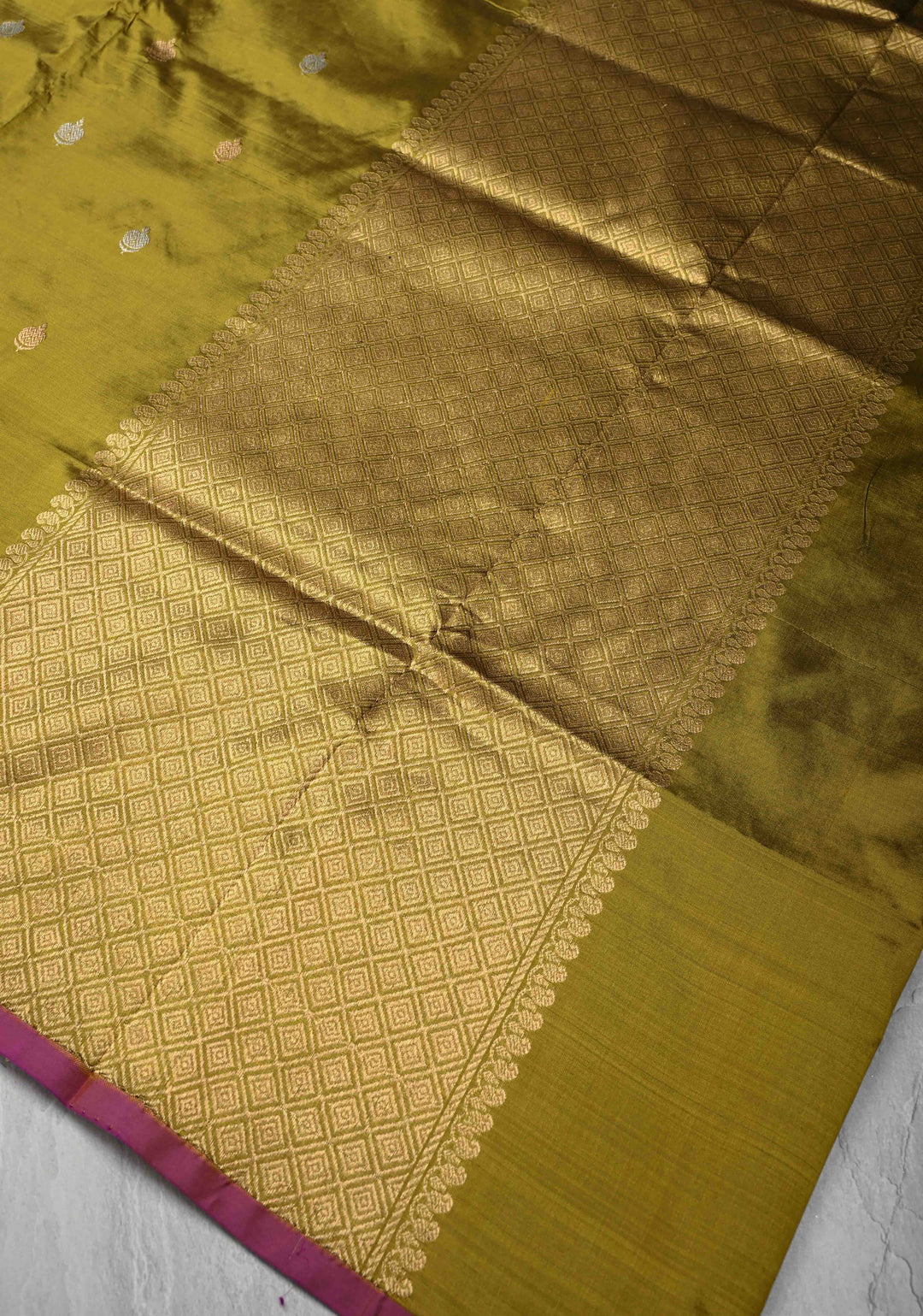 Olive Green Pure Banarasi Katan Silk Saree with Sona Rupa Vertical Stripes and Buttas | Silk Mark Certified