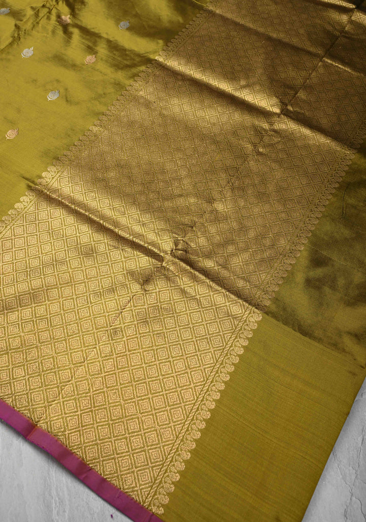 Olive Green Pure Banarasi Katan Silk Saree with Sona Rupa Vertical Stripes and Buttas | Silk Mark Certified