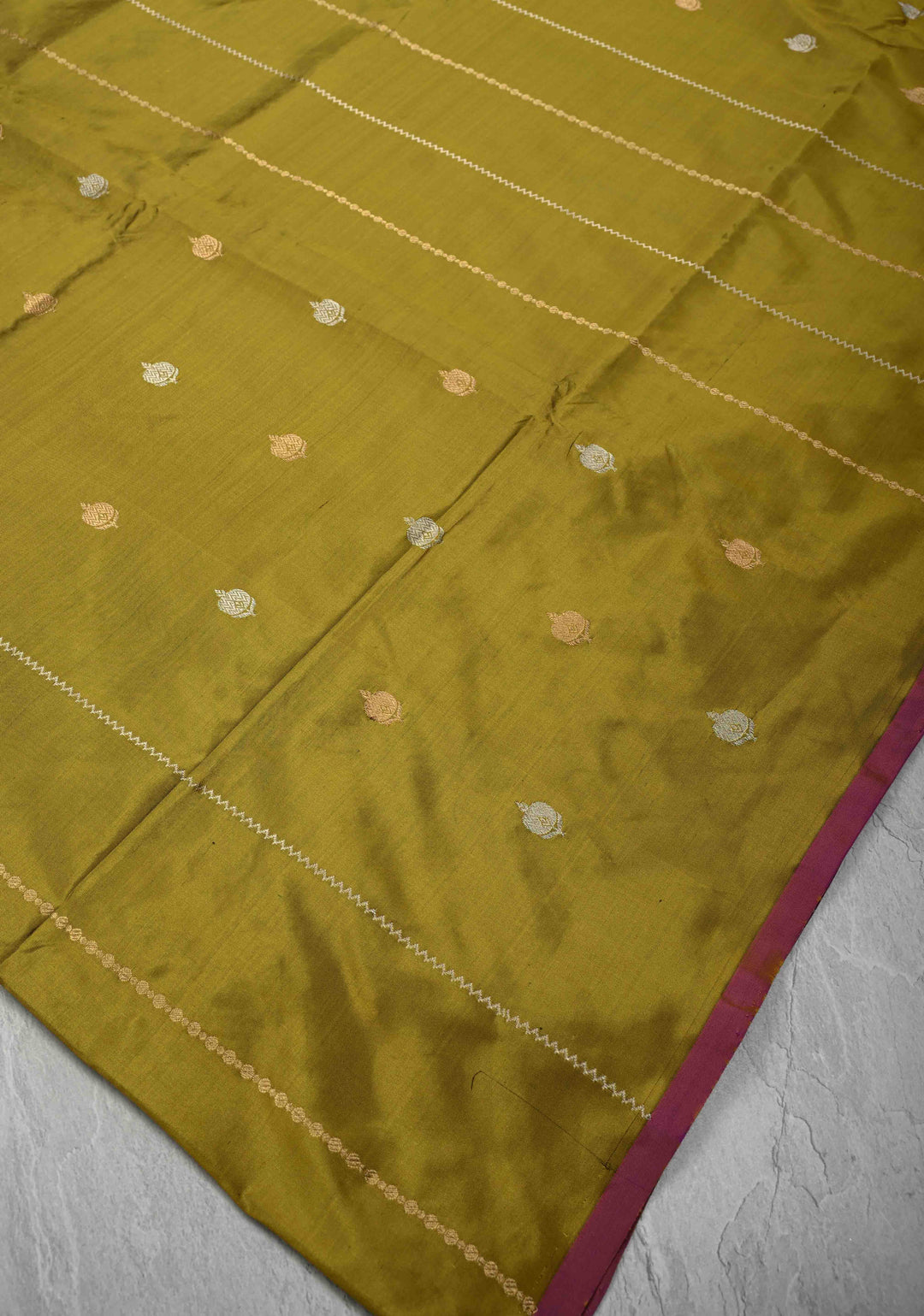 Olive Green Pure Banarasi Katan Silk Saree with Sona Rupa Vertical Stripes and Buttas | Silk Mark Certified