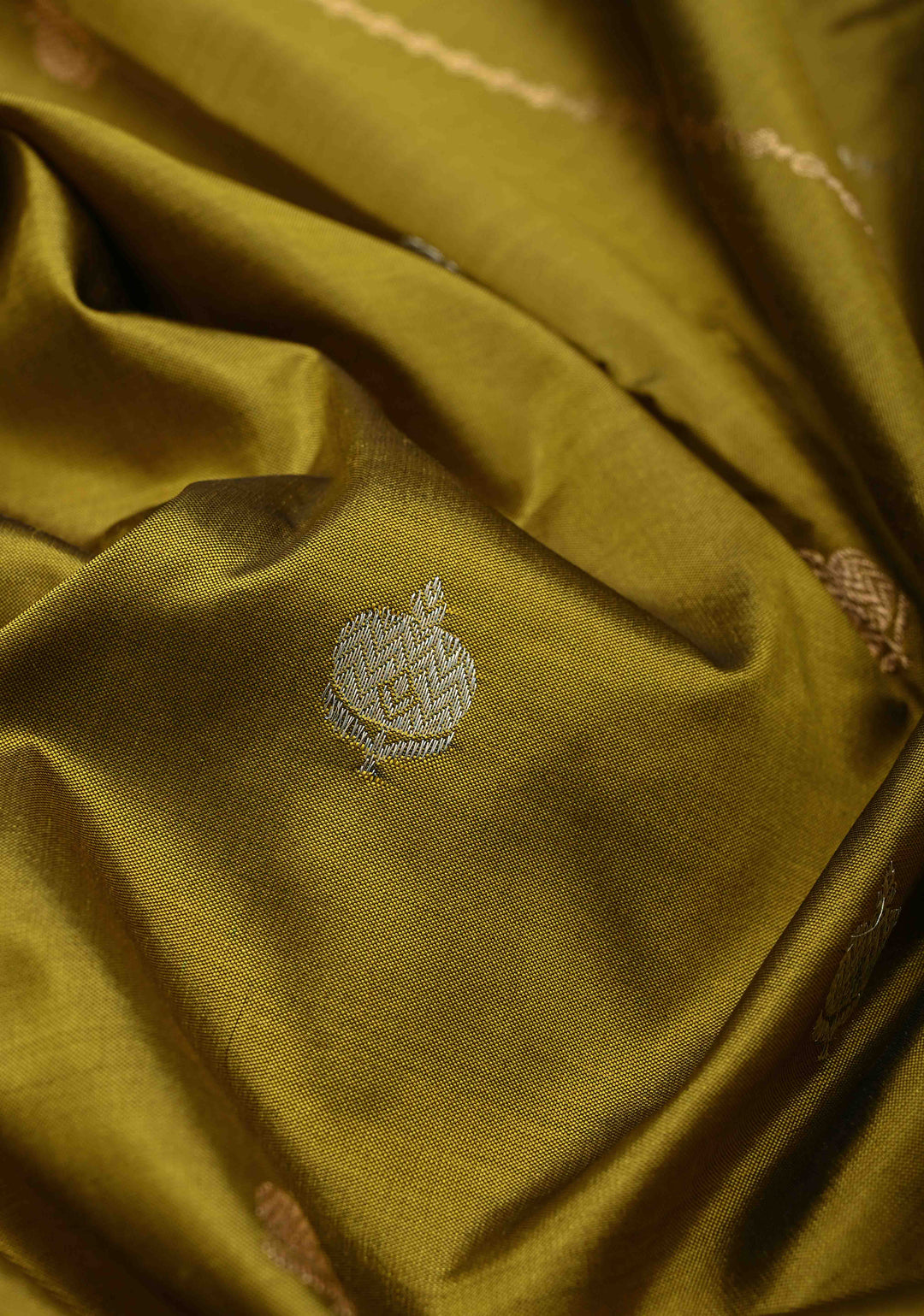 Olive Green Pure Banarasi Katan Silk Saree with Sona Rupa Vertical Stripes and Buttas | Silk Mark Certified