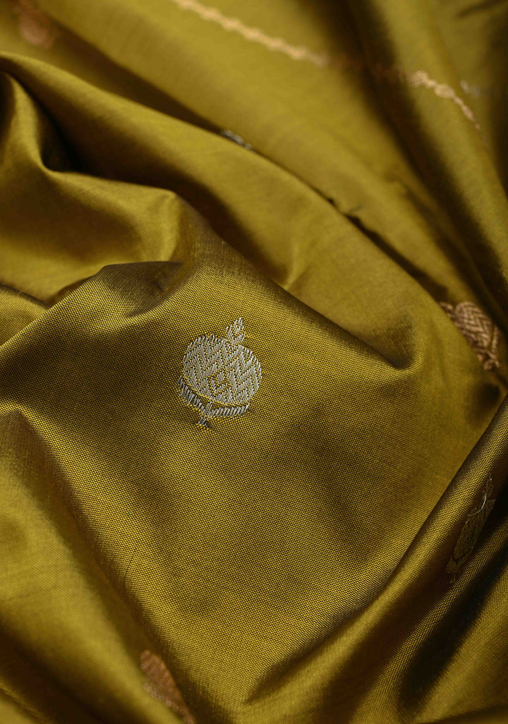 Olive Green Pure Banarasi Katan Silk Saree with Sona Rupa Vertical Stripes and Buttas | Silk Mark Certified