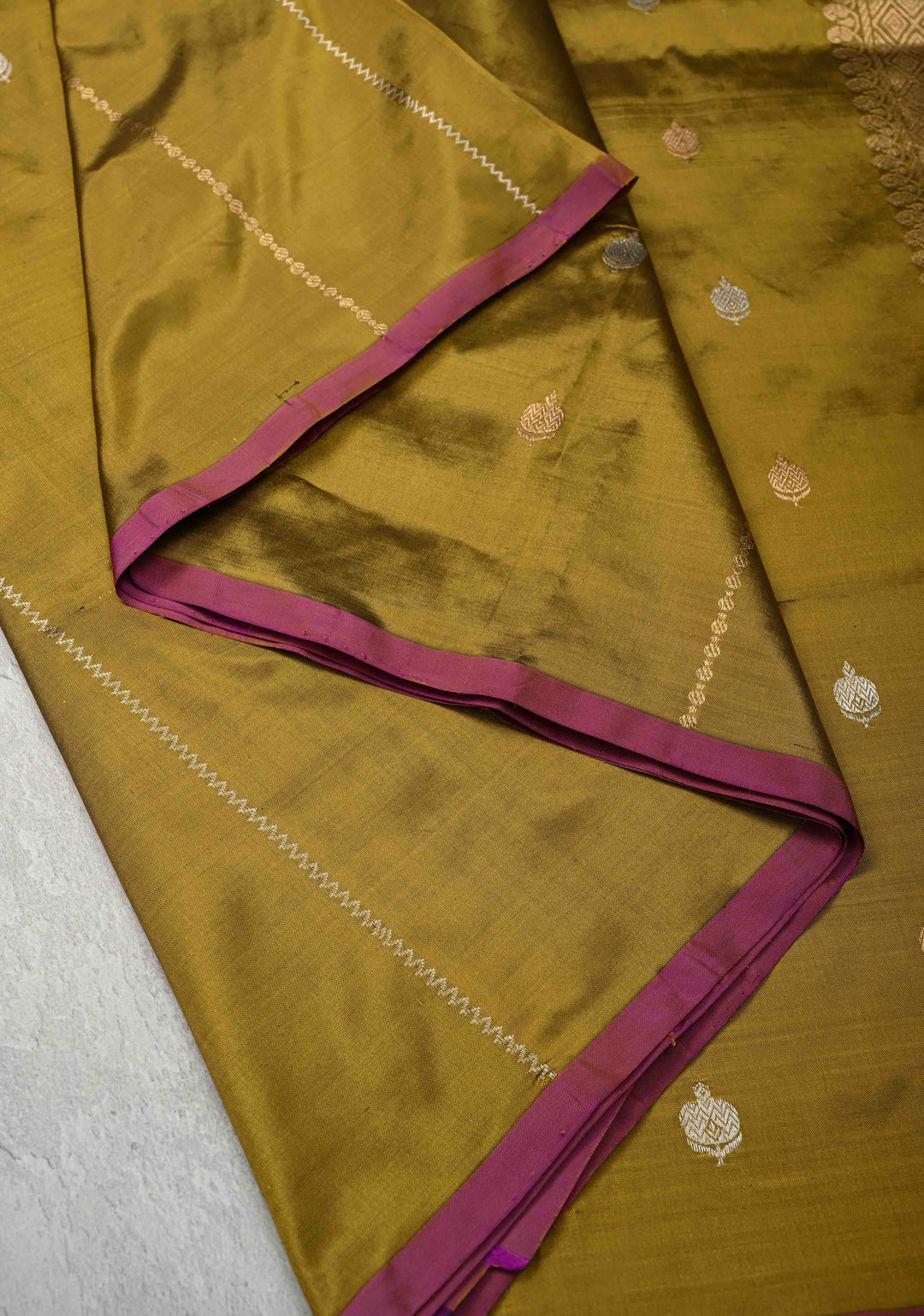 Olive Green Pure Banarasi Katan Silk Saree with Sona Rupa Vertical Stripes and Buttas | Silk Mark Certified