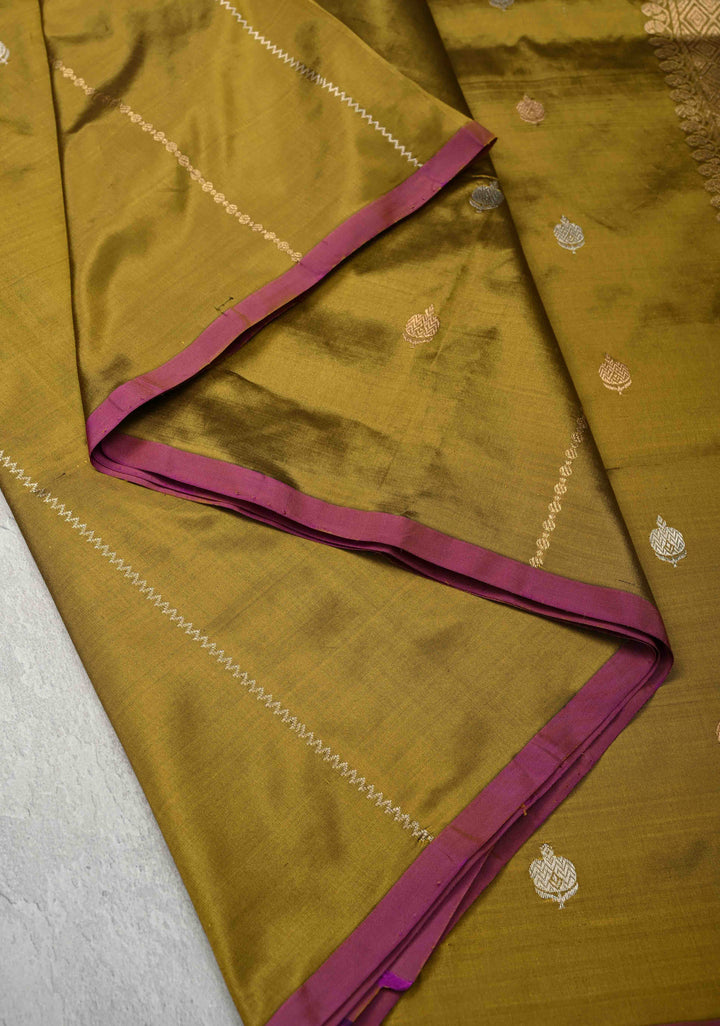 Olive Green Pure Banarasi Katan Silk Saree with Sona Rupa Vertical Stripes and Buttas | Silk Mark Certified