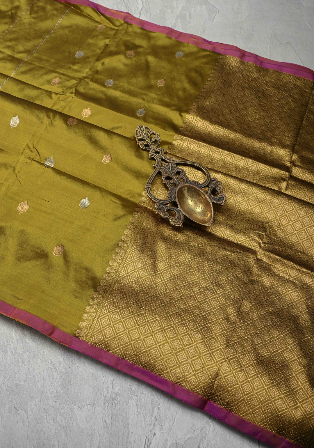 Olive Green Pure Banarasi Katan Silk Saree with Sona Rupa Vertical Stripes and Buttas | Silk Mark Certified