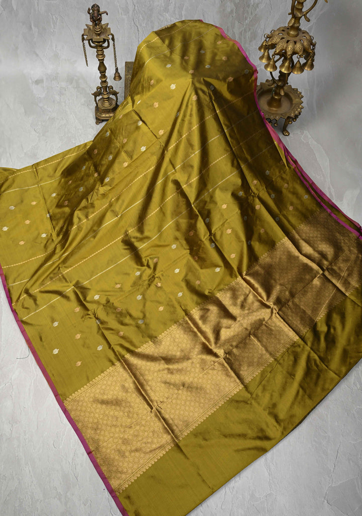 Olive Green Pure Banarasi Katan Silk Saree with Sona Rupa Vertical Stripes and Buttas | Silk Mark Certified