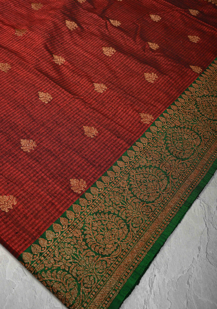 Pure Banarasi Dupion Silk Saree in Maroon with Antique Zari Butta And Zari Border | SILK MARK CERTIFIED