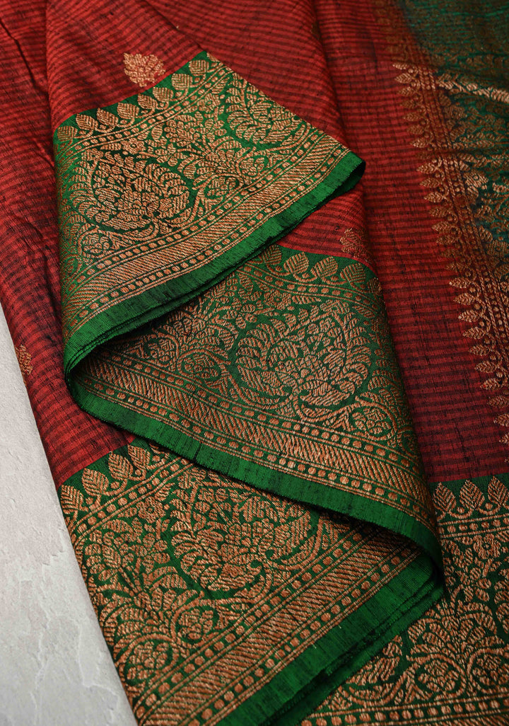 Pure Banarasi Dupion Silk Saree in Maroon with Antique Zari Butta And Zari Border | SILK MARK CERTIFIED