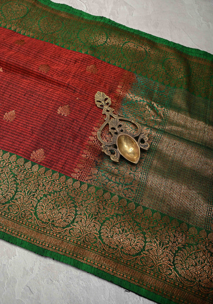 Pure Banarasi Dupion Silk Saree in Maroon with Antique Zari Butta And Zari Border | SILK MARK CERTIFIED