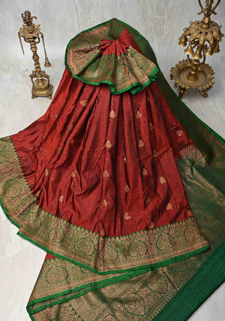Pure Banarasi Dupion Silk Saree in Maroon with Antique Zari Butta And Zari Border | SILK MARK CERTIFIED