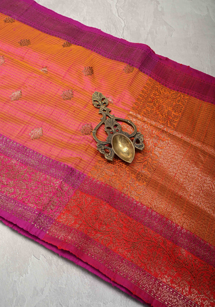 Pure Banarasi Dupion Silk Saree in Mustard Pink with Antique Zari Buttas and Border | SILK MARK CERTIFIED