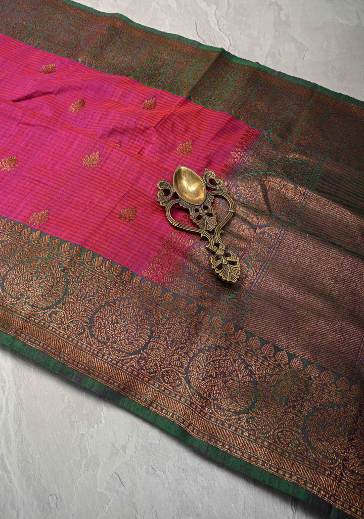 Pure Banarasi Dupion Silk Saree in Magenta with Antique Zari Buttas and Zari Border | SILK MARK CERTIFIED