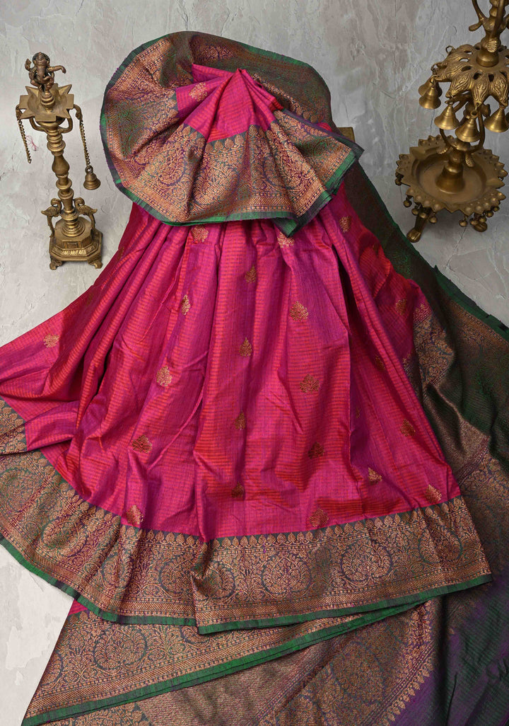 Pure Banarasi Dupion Silk Saree in Magenta with Antique Zari Buttas and Zari Border | SILK MARK CERTIFIED