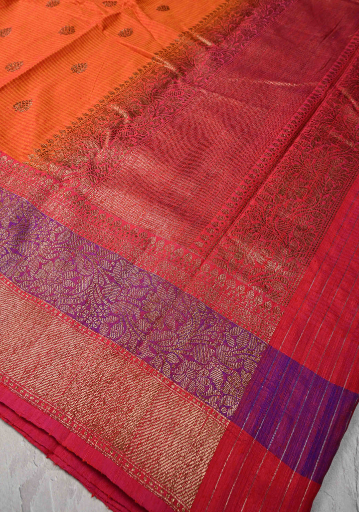 Pure Banarasi Dupion Silk Saree in Orange with Antique Zari Buttas and Zari Border | SILK MARK CERTIFIED