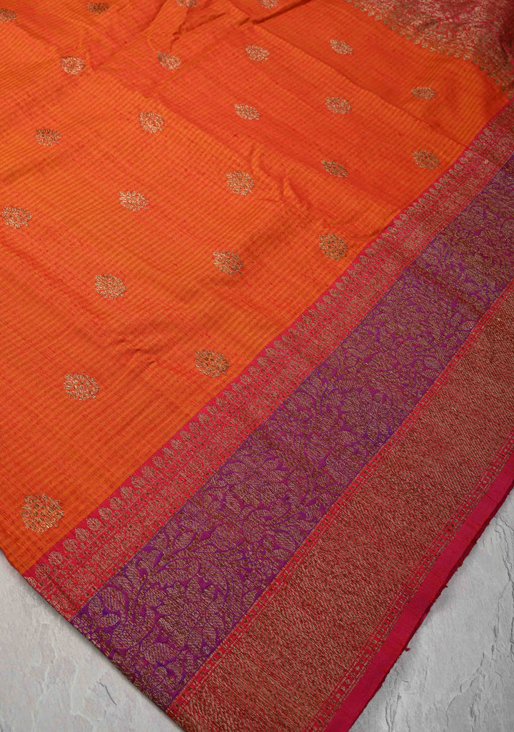 Pure Banarasi Dupion Silk Saree in Orange with Antique Zari Buttas and Zari Border | SILK MARK CERTIFIED