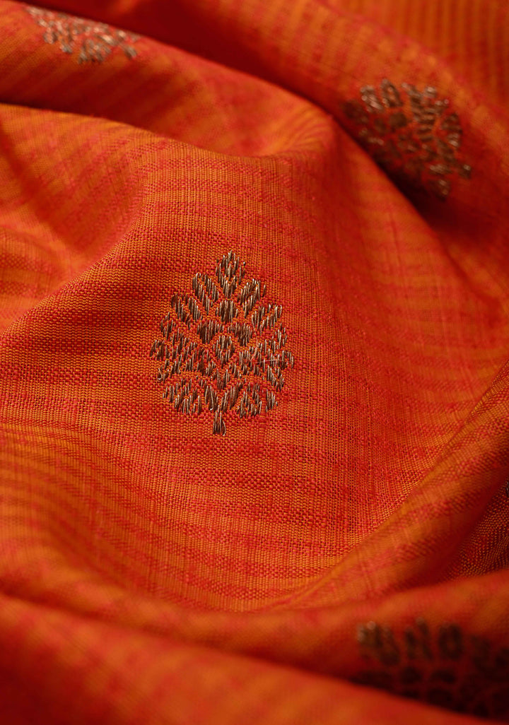 Pure Banarasi Dupion Silk Saree in Orange with Antique Zari Buttas and Zari Border | SILK MARK CERTIFIED