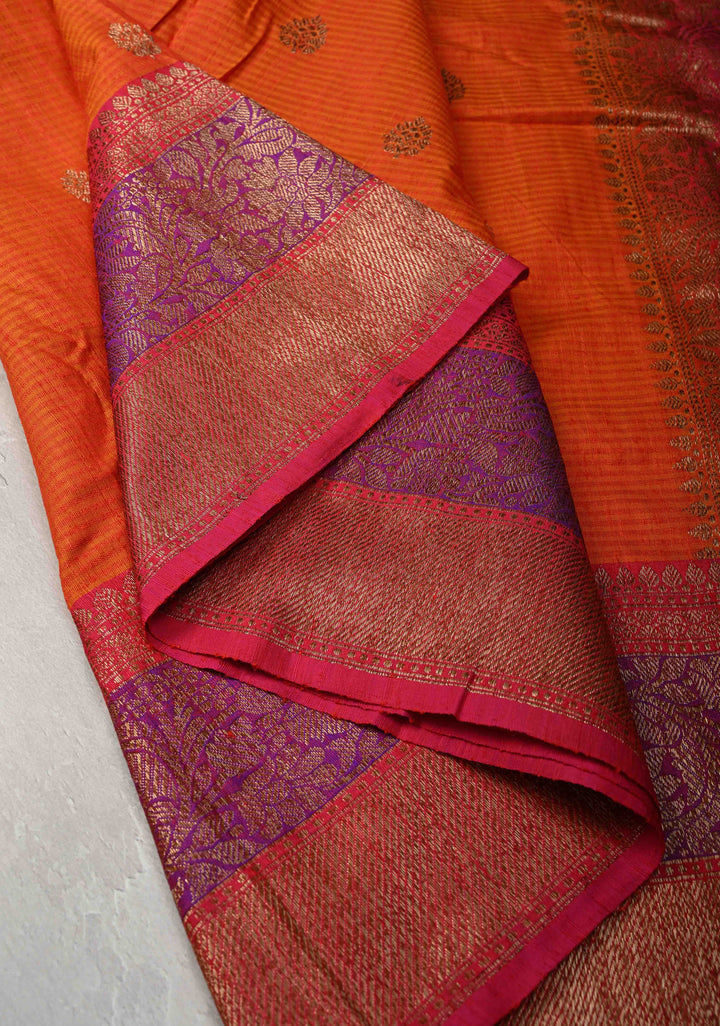 Pure Banarasi Dupion Silk Saree in Orange with Antique Zari Buttas and Zari Border | SILK MARK CERTIFIED