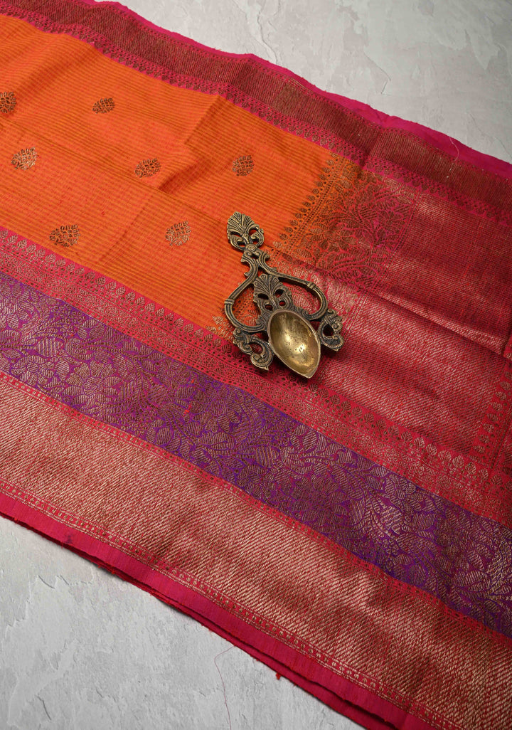 Pure Banarasi Dupion Silk Saree in Orange with Antique Zari Buttas and Zari Border | SILK MARK CERTIFIED