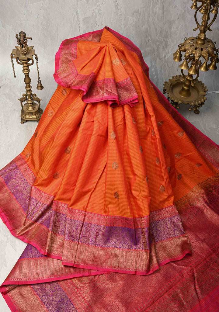 Pure Banarasi Dupion Silk Saree in Orange with Antique Zari Buttas and Zari Border | SILK MARK CERTIFIED